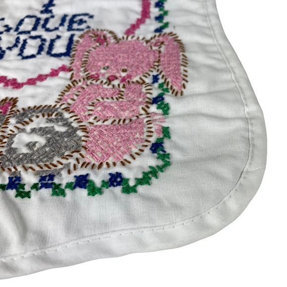 Vintage Handmade Cross Stitch Baby Bib Kitten Bunny Bear I Love You Tie-up Heart - Picture 7 of 14